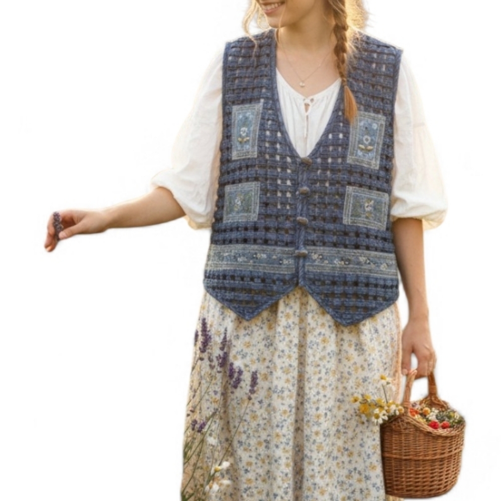 ​VTG Life Style Blue Embroidered Floral Lattice Crochet Cottagecore Vest